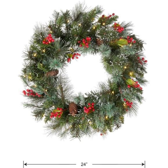 24" Pre-Lit Artificial Christmas Wreath - Green Pine, White Lights, Pine Cones - Picture 5 of 7